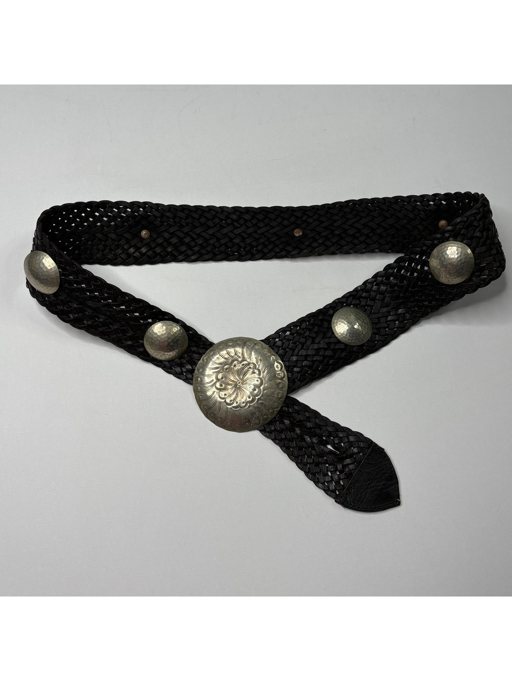 Vintage Black Woven Braided Leather Concho Belt Western